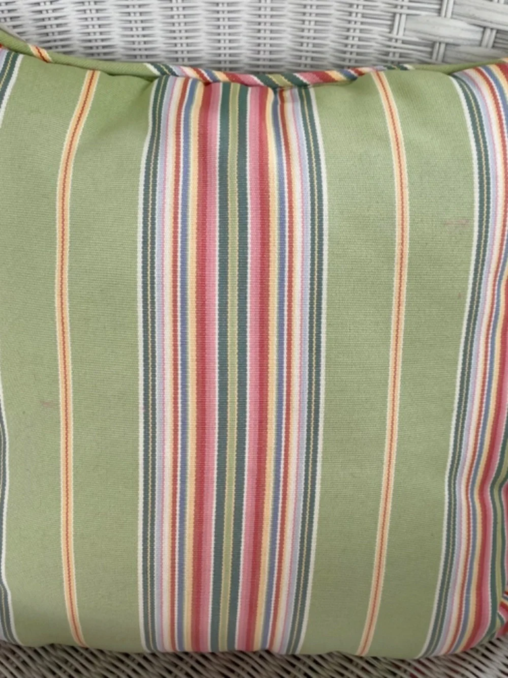 Pottery Barn Pillows in Lime Green, Orange, and Yellow Stripes. Square. Heavy Co